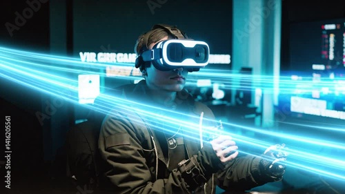 Man training facility officers using vr virtual reality headsets for technology, equipment neatly organized on futuristic in background, professional cool lighting,