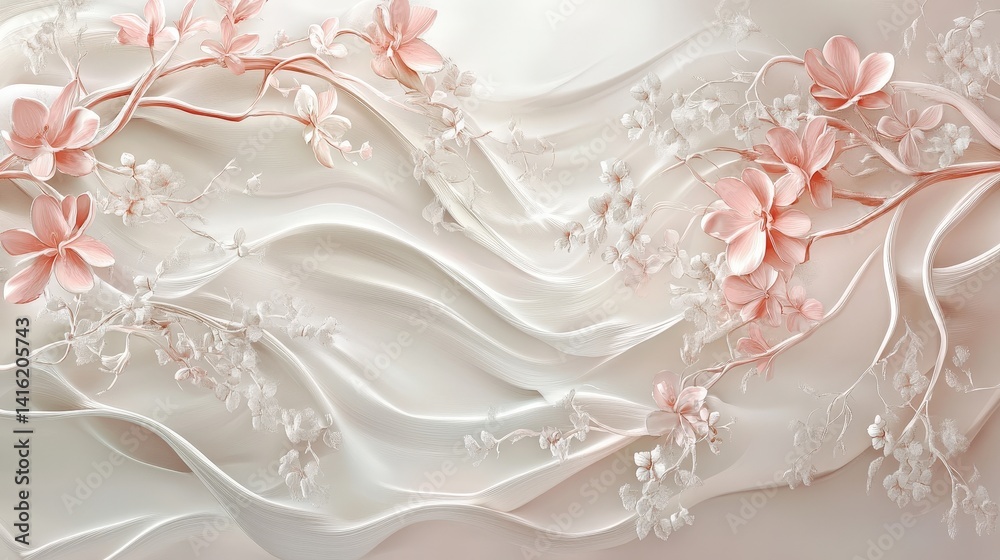 Fototapeta premium Elegant Pink Flowers on White Silk: Delicate pink blossoms and branches artfully arranged on a flowing white silk background, creating a luxurious and serene aesthetic.