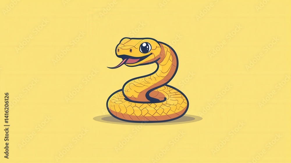 Fototapeta premium Serpentine Delight: A charming cartoon snake with bright yellow scales and a playful tongue explores, showcasing a blend of vibrant design and playful charm. 