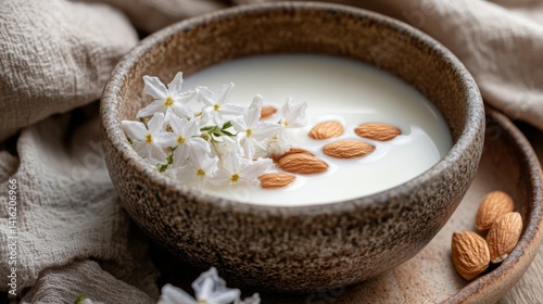 Ceramic bowl with almond milk almonds and jasmine flowers on neutral background healthy lifestyle photography