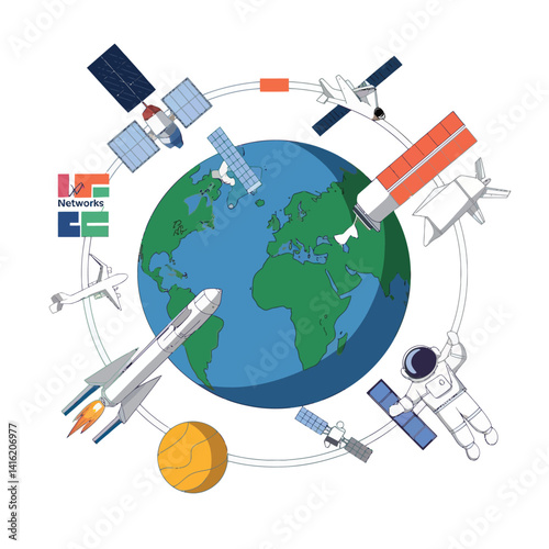 2D Vector Cartoon Illustration Poster Featuring Earth, Satellites, and Global Communication Networks , war , Architectural
