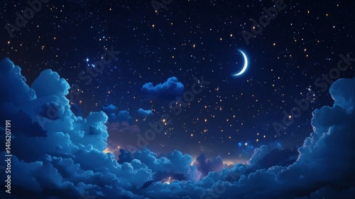 Night Sky with Stars and Crescent Moon: Gaze upon a mesmerizing celestial display where a luminous crescent moon watches over a serene expanse of fluffy clouds, twinkling stars, and a vast, dark sky.