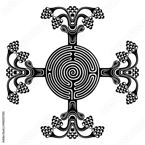 Geometrical cross shape mandala with round spiral maze or labyrinth symbol and medieval floral motifs. Black and white silhouette.