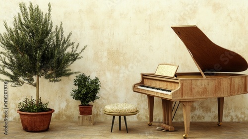 Elegant grand piano setting with potted plants: a musical instrument displayed beside a small table with decorative plants against a textured background