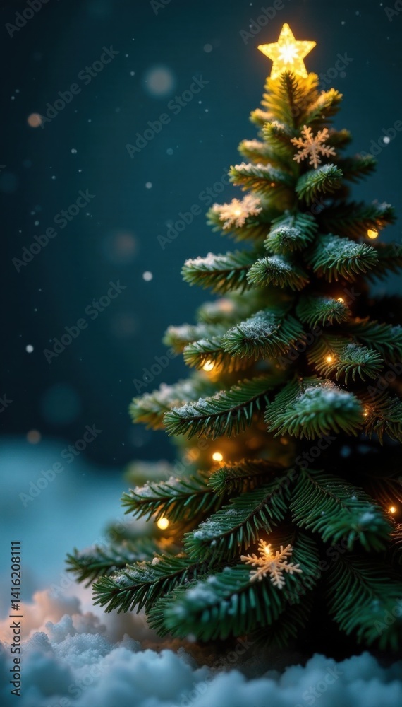 Evergreen Christmas tree with snowflakes and lights, snowflakes, festive Evergreen Christmas tree with snowflakes and lights, snowflakes, festive