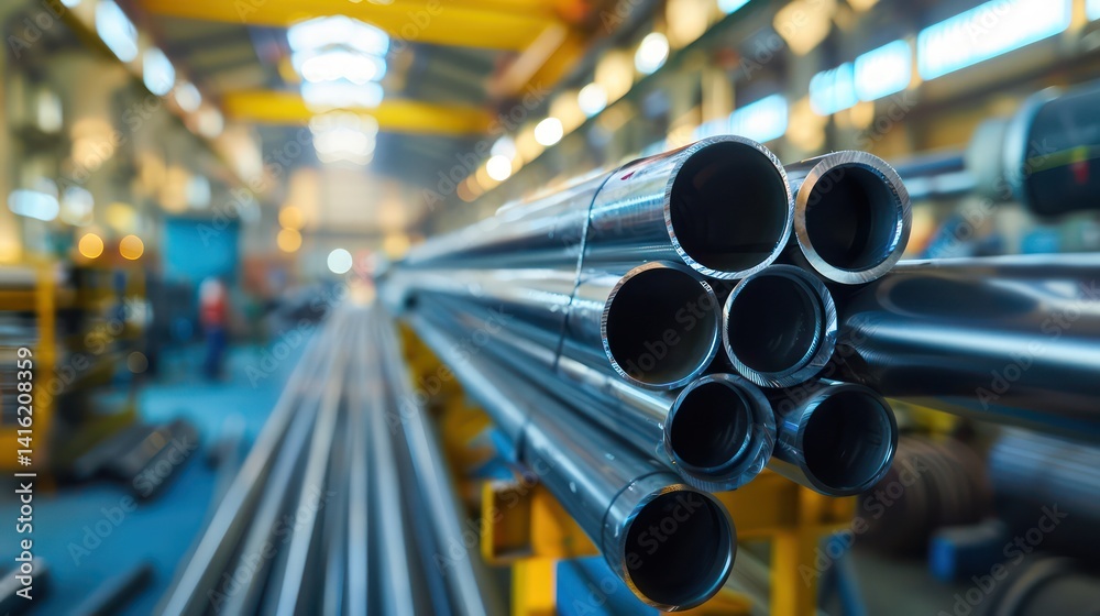close up of stack of steel pipes in a warehouse or factory with a blurry background, shiny effect, realistic depiction of light close up of stack of steel pipes in a warehouse or factory with a blurry background, shiny effect, realistic depiction of light