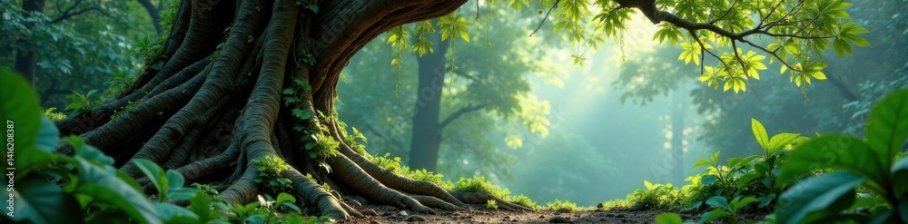 Fototapeta premium Exotic leaves and vines entwined around a massive, gnarled tree trunk, with air-filled bulbs and aerial roots visible, roots, forest