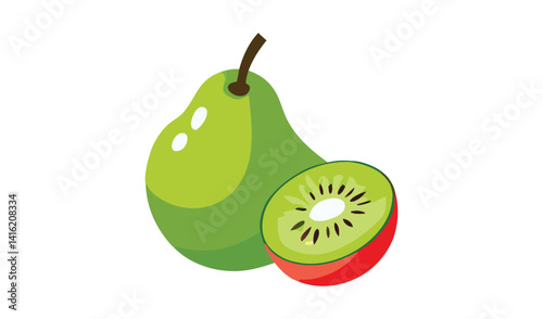 A pear and a kiwi sit together on a clean white surface