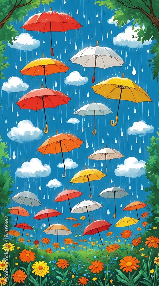 Fototapeta premium Whimsical illustration of colorful umbrellas floating in the sky during rainfall over a blooming flower field, evoking joy, fantasy, nature, and imaginative rainy day vibes