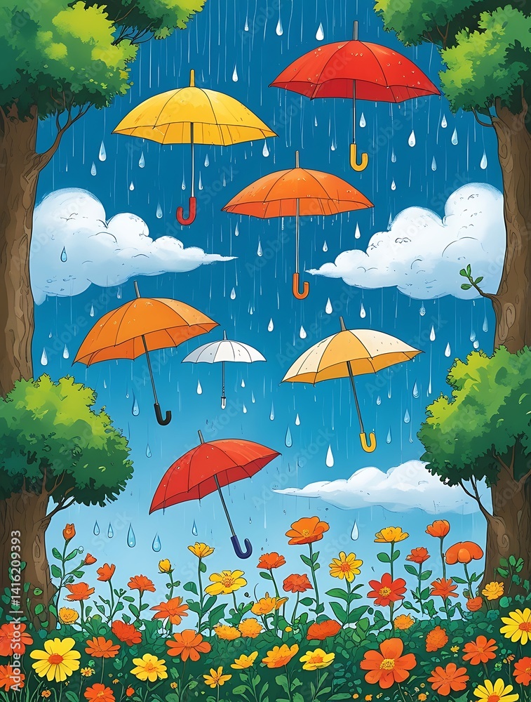 Fototapeta premium Whimsical illustration of colorful umbrellas floating in the sky during rainfall over a blooming flower field, evoking joy, fantasy, nature, and imaginative rainy day vibes