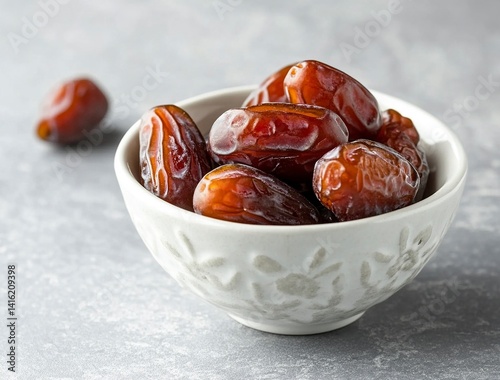 Ripe dates in a white bowl on a grey background, close-up view. Ramadan food concept with copy space. Stock photo with 2/3 of the frame available for text.