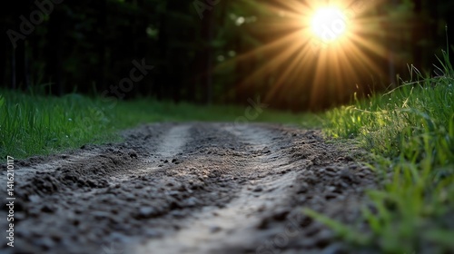Sunlit dirt path through a forest. Lush green grass borders a well-worn, earthy path. Sunlight streams through the trees, casting a warm glow on the trail