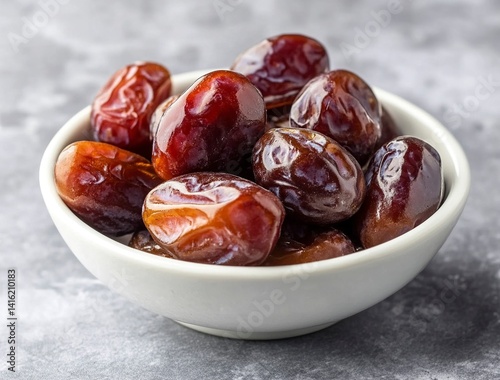 Ripe dates in a white bowl on a grey background, close-up view. Ramadan food concept with copy space. Stock photo with 2/3 of the frame available for text.