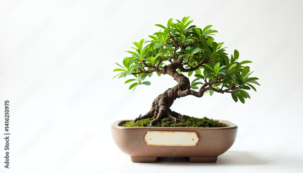A bonsai tree in a brown pot with green leaves. A bonsai tree in a brown pot with green leaves.