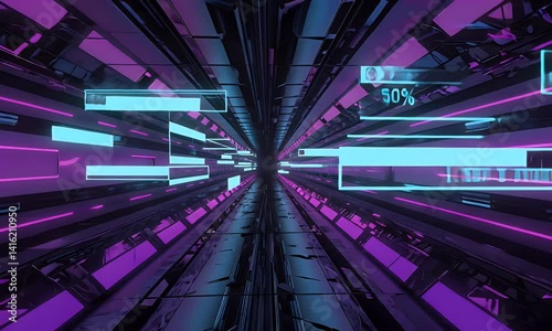 Video shows sci-fi tunnel with unstable textures, flickering neon symbols, and fast-moving holographic information streams