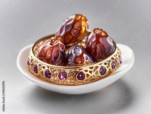 Ripe dates in a white bowl on a grey background, close-up view. Ramadan food concept with copy space. Stock photo with 2/3 of the frame available for text.