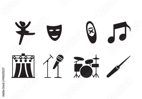 Performing Arts Music Icons - Vector Set Featuring Dance, Theatre, and Musical Instruments