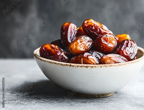Ripe dates in a white bowl on a grey background, close-up view. Ramadan food concept with copy space. Stock photo with 2/3 of the frame available for text.