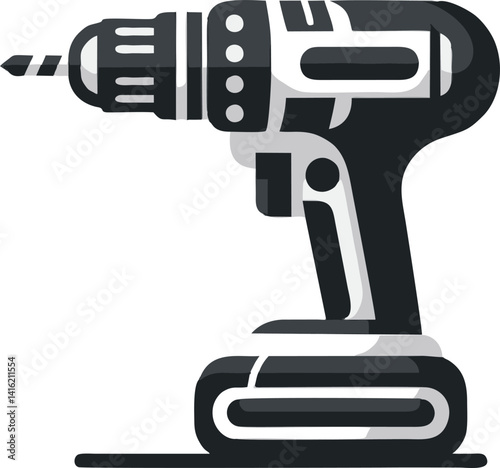 Cordless Drill Icon: Monochrome Flat Design Illustration