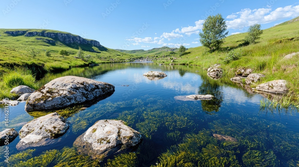 Fototapeta premium Tranquil river landscape serene nature scene with lush greenery and calm water