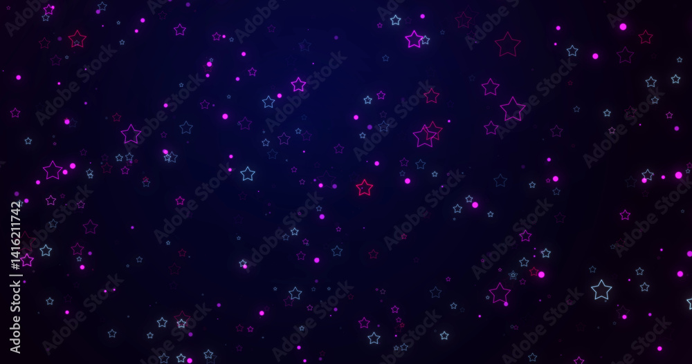 Fototapeta premium Particles shining stars shimmering magical festive celebration happy joyful bg. Lights glowing, stunning elegant advertisement glamorous award show loop. Children birthday anniversary love theme.