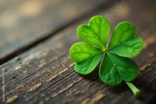 Four-leafed clover with delicate details on a wooden background, four leaves, greenery