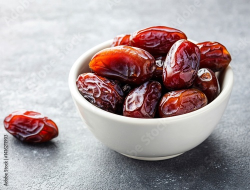Ripe dates in a white bowl on a grey background, close-up view. Ramadan food concept with copy space. Stock photo with 2/3 of the frame available for text.