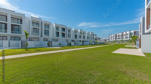 Luxury townhouses with lawn: modern residential complex contemporary architecture and beautiful landscaping creating serene living spaces real estate investment for families