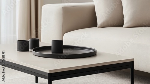 Modern living room: 3 black ceramic cups and plate on beige coffee table with matching sofa soft light background