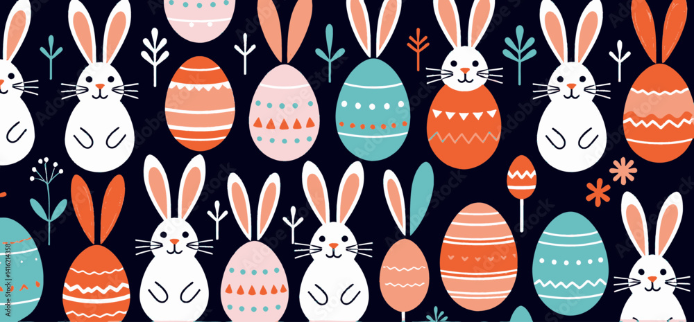 Fototapeta premium Easter Bunny Pattern_Cute Rabbits and Decorated Eggs_Festive Spring Design_Holiday Background_Seamless Repeat Pattern_Colorful Easter Illustration