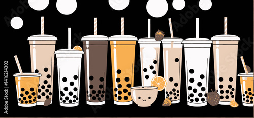 Cute Boba Tea Illustration_Assorted Bubble Tea Flavors with Strawberries and Lemons_Aesthetic Drink Design for Boba Lovers_Delicious and Refreshing Beverages