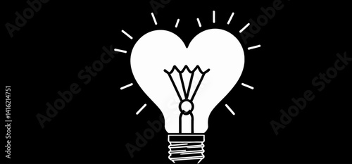 Heart Shaped Light Bulb Illustration_Creative Idea Concept_Love and Innovation_Inspiration for Startups_Black Background_White Outline_Digital Art