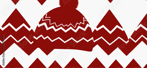 Red and White Knitted Winter Hat with Pom Pom_Chevron Pattern_Festive Holiday Season Apparel_Warm and Stylish Headwear_Winter Fashion Accessory