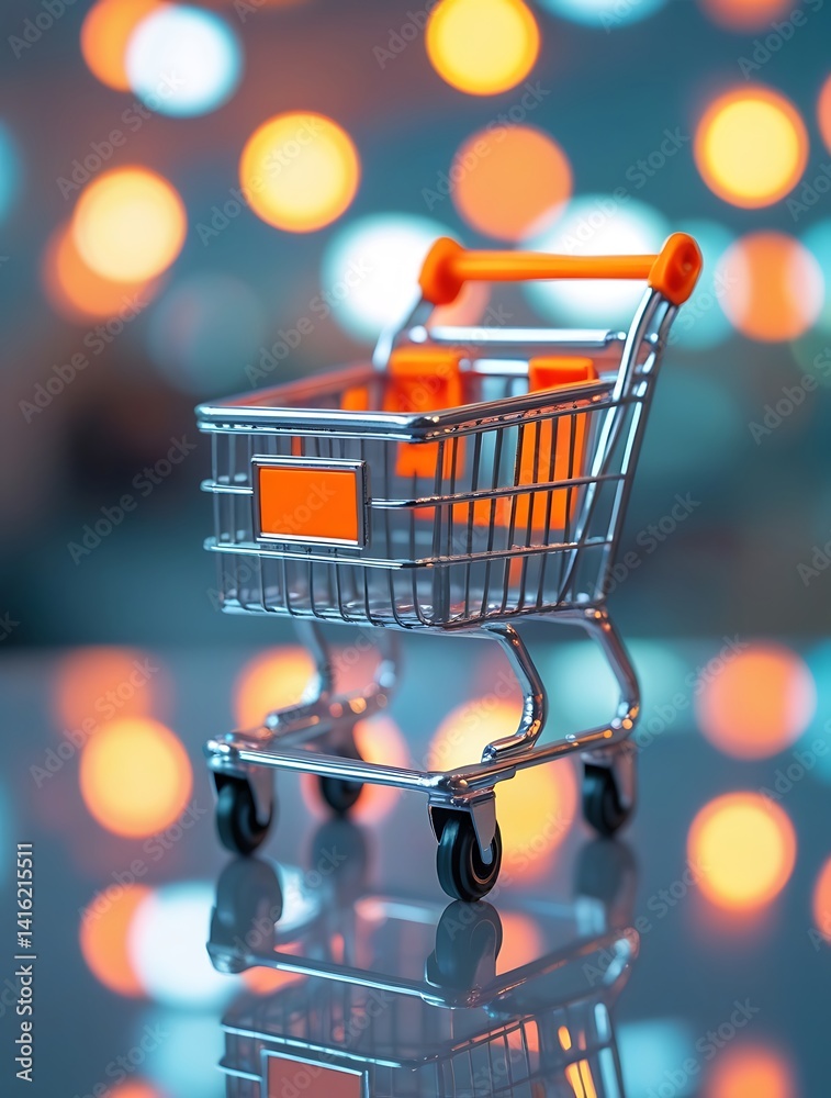 Miniature shopping cart with orange accents placed on reflective surface, bokeh lights in the background symbolizing retail, commerce, and modern consumer shopping trends
Miniature shopping cart with orange accents placed on reflective surface, bokeh lights in the background symbolizing retail, commerce, and modern consumer shopping trends