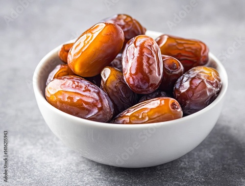 Ripe dates in a white bowl on a grey background, close-up view. Ramadan food concept with copy space for text or design. Fresh date fruits. Stock photo contest winner, high resolution, high detail, na