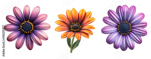 African daisy flowers, different variations, close up, isolated in white background