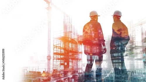 two civil engineers discuss an architectural plan, in a double exposure with a large construction site, in front of a solid white background, creative colors