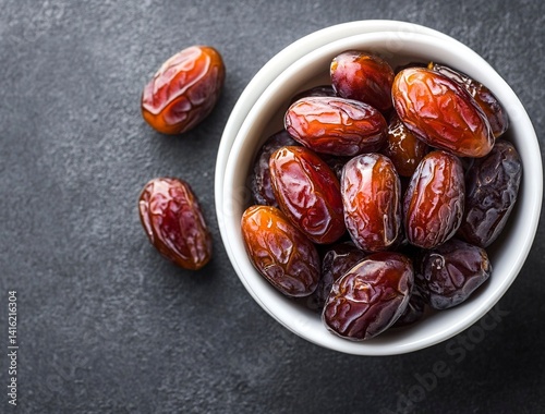 Ripe dates in a white bowl on a grey background, close-up view. Ramadan food concept with copy space for text or design. Fresh date fruits. Stock photo contest winner, high resolution, high detail, na