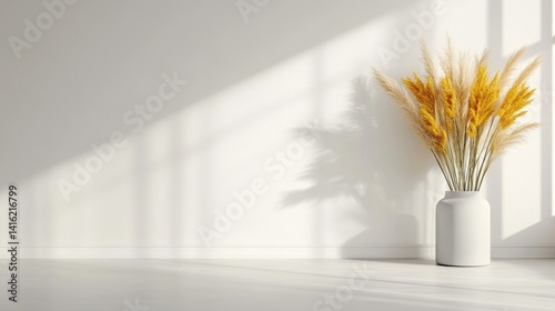 Minimalist, sunlit room with decorative grasses