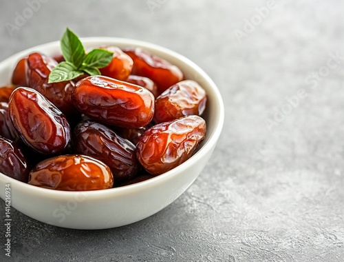 Ripe dates in a white bowl on a grey background, close-up view. Ramadan food concept with copy space for text or design. Fresh date fruits. Stock photo contest winner, high resolution, high detail, na