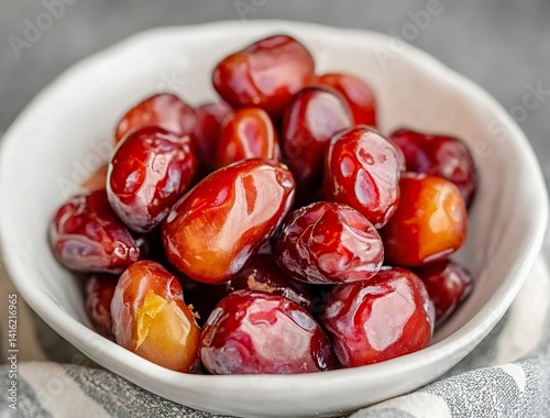 Ripe dates in a white bowl on a grey background, close-up view. Ramadan food concept with copy space for text or design. Fresh date fruits. Stock photo contest winner, high resolution, high detail, na