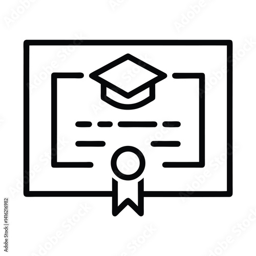 Certificate Icon with Mortarboard in Black Outline and Transparent Background