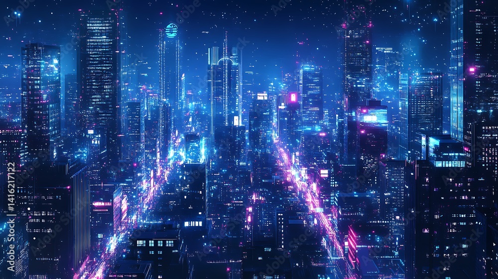Fototapeta premium Futuristic Cityscape with Glowing Blue Lights