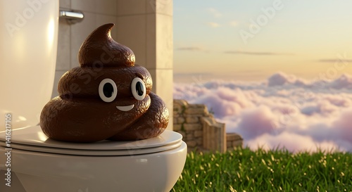 Smiling Poo on a Toilet overlooking Clouds and Ruins at Sunset