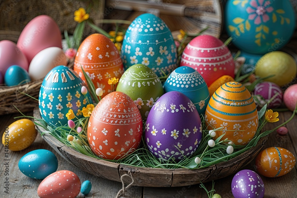 Fototapeta premium Vibrant and Handcrafted Easter Eggs in Various Colours for Holiday Decor