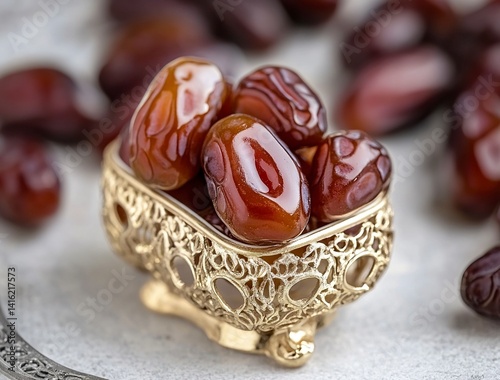 Ripe dates in a white bowl on a grey background, close-up view. Ramadan food concept with copy space for text or design. Fresh date fruits. Stock photo contest winner, high resolution, high detail, na