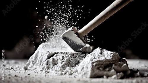 Breaking Stone Block with Hammer Creating Dust Cloud in Studio