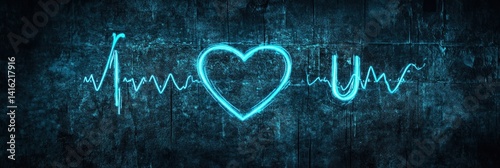 Electric heartbeat design on textured wall with a heart representing love