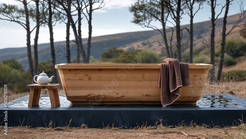 an outdoor setting featuring a rectangular wooden bathtub placed on a dark, textured platform. The bathtub is filled with water, reflecting the natural surroundings. 