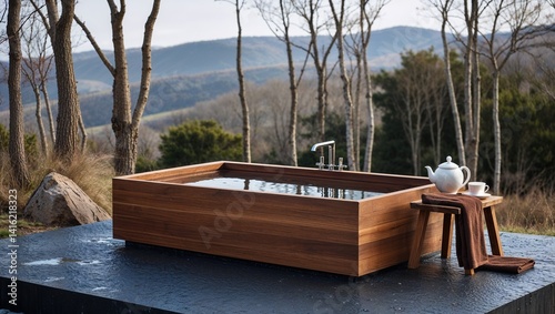 an outdoor setting featuring a rectangular wooden bathtub placed on a dark, textured platform. The bathtub is filled with water, reflecting the natural surroundings. 
